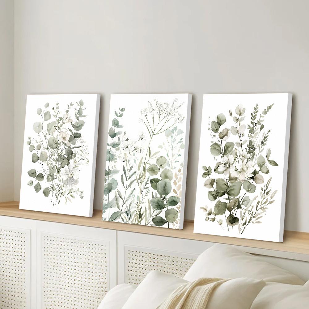 3pcs/set Green Color Plant Leaf Art Oil Painting Canvas with Wood Frame Draw Wall Decor Home Decorations