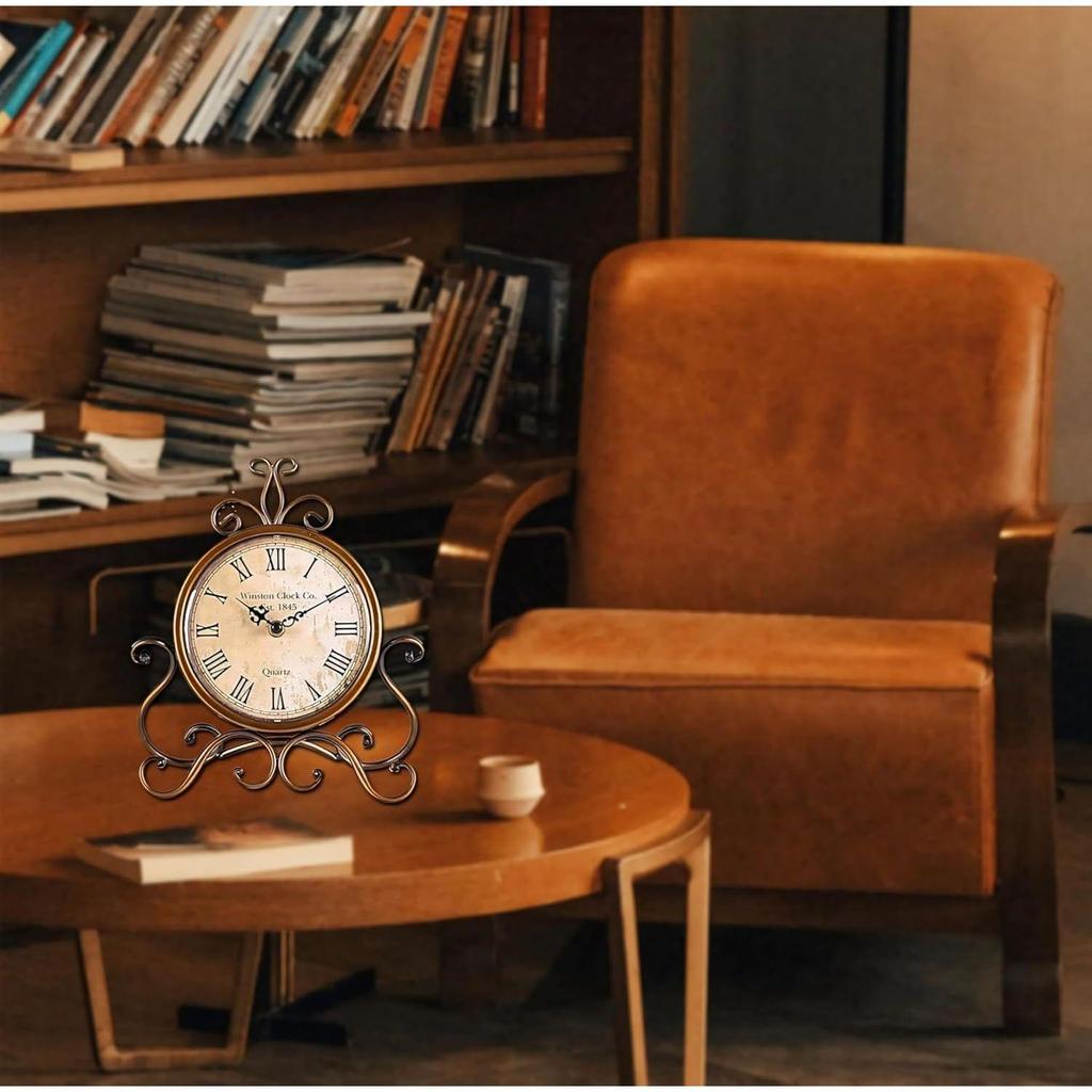 Table Clock Antique Style 10 in dial 6 in Desk Clock Art Unique for Home Office Decor Iron Metal Glass Colour (Antique) (Antiquee)
