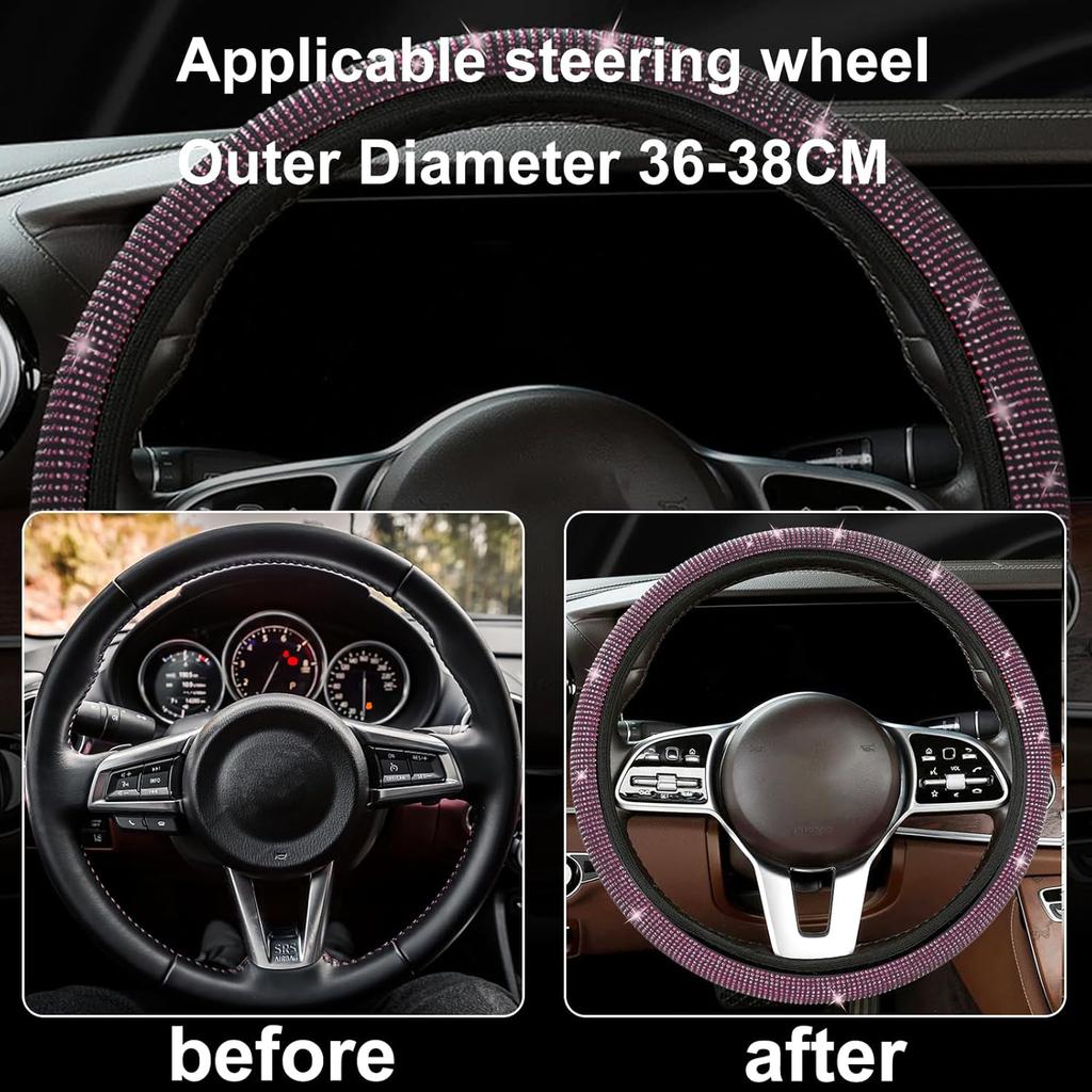 7Pcs/Set Shiny Rhinestones Car Steering Wheel Safety Belt Shifter Cover Cup Mat Start Button Ring Kit