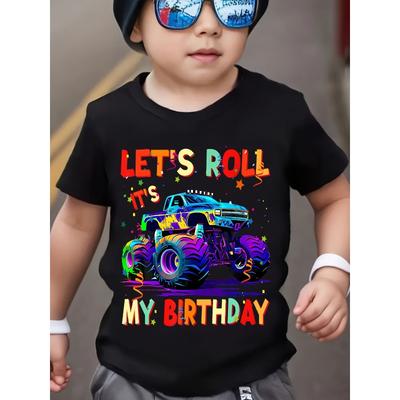 Europäische Größen Let's Roll Geburtstag Monster Truck T-Shirt für Kinder - Lustiges buntes Grafik-T-Shirt mit Neon-LKW-Design und festlichem Konfetti