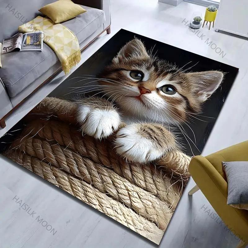 Alfombras con Patrón de Gatito Lindo 3D para Dormitorio, Sala de Estar, Sofá, Estudio, Yoga, Alfombra Antideslizante, Tamaños Múltiples Opcionales, Envío al Día Siguiente
