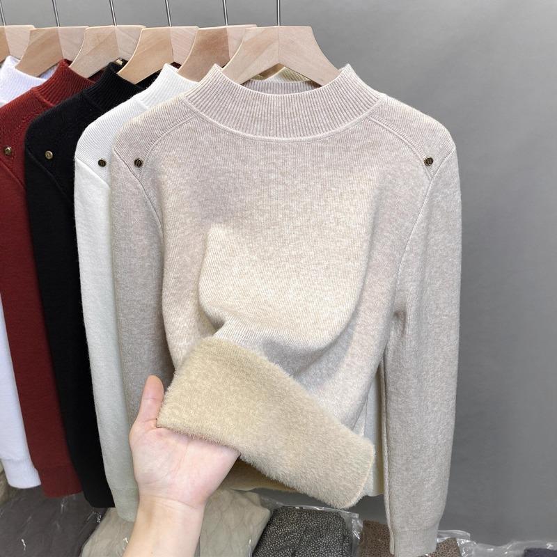 One-piece Fleece Semi-turtleneck Sweater Women's Fleece Thickened Bottoming Shirt Autumn and Winter New Knitted Sweater with Top Tide