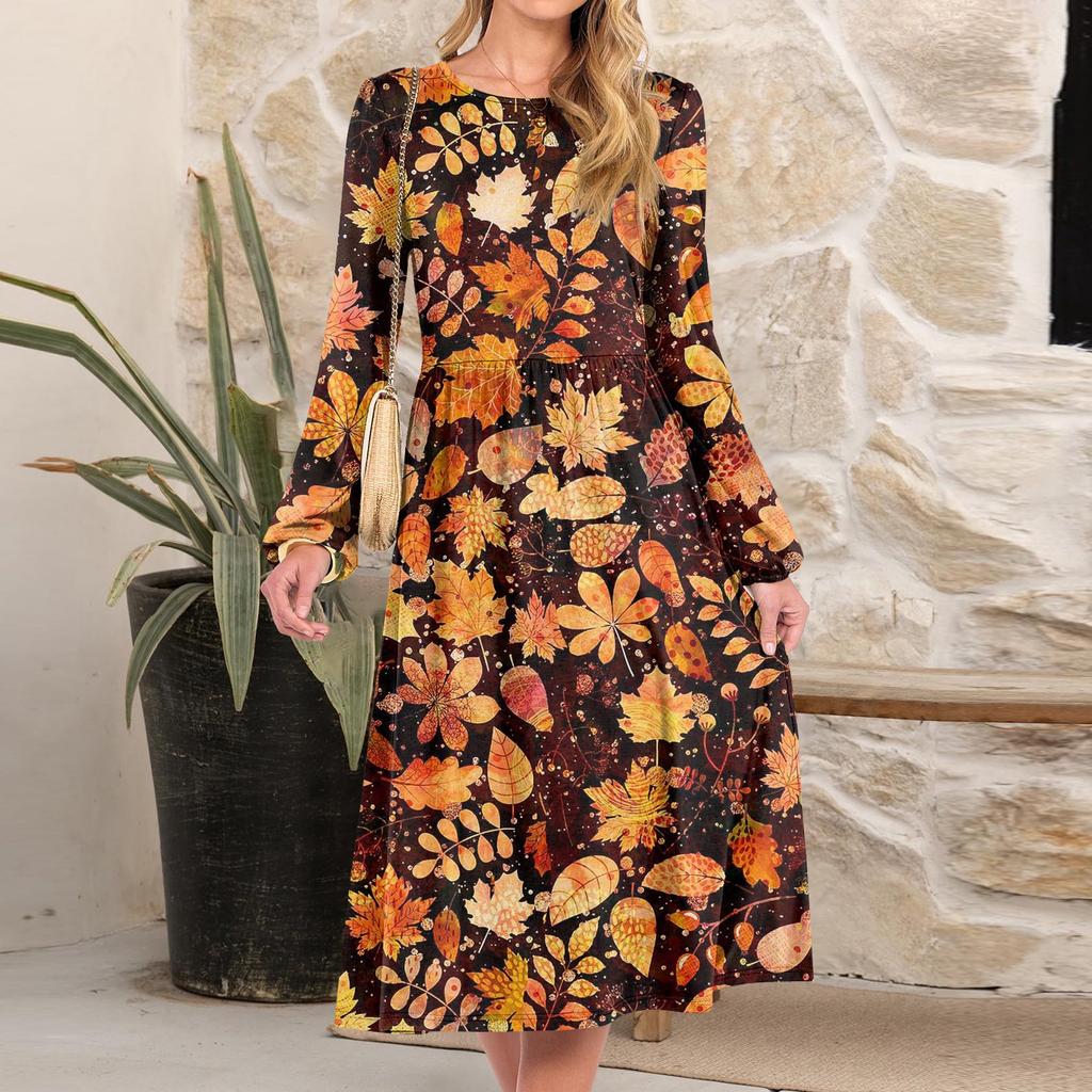 Women's fashionable loose retro printed round-neck dress
