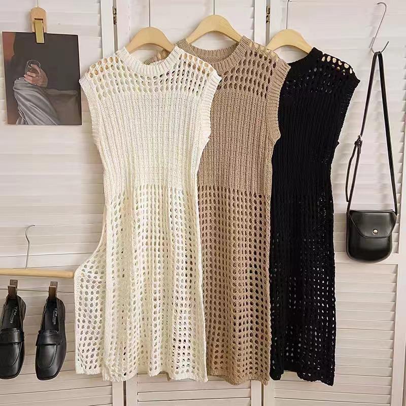 Summer Sleeveless O Neck Hollow Out Knitted Mesh Short Dress Women Fashion Loose Casual Holiday High Split Sexy Party Dresses Solid Thin Covers Up