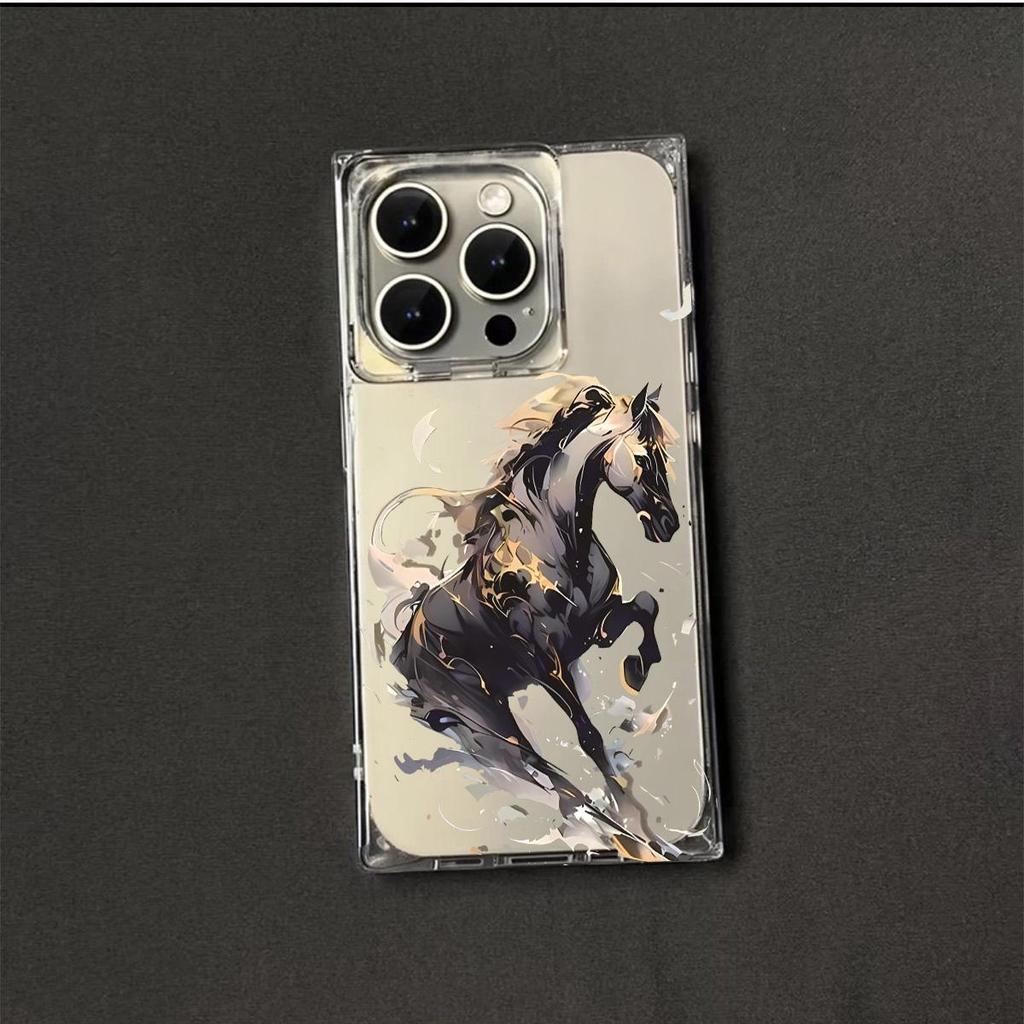 Transparente Quadratische Rückseite Röhrenhülle Schutz für iPhone 13 16 ProMax 15 Plus 11 14 Pro Max 12 Anti-Sauerstoff, Galoppierendes Pferdemuster