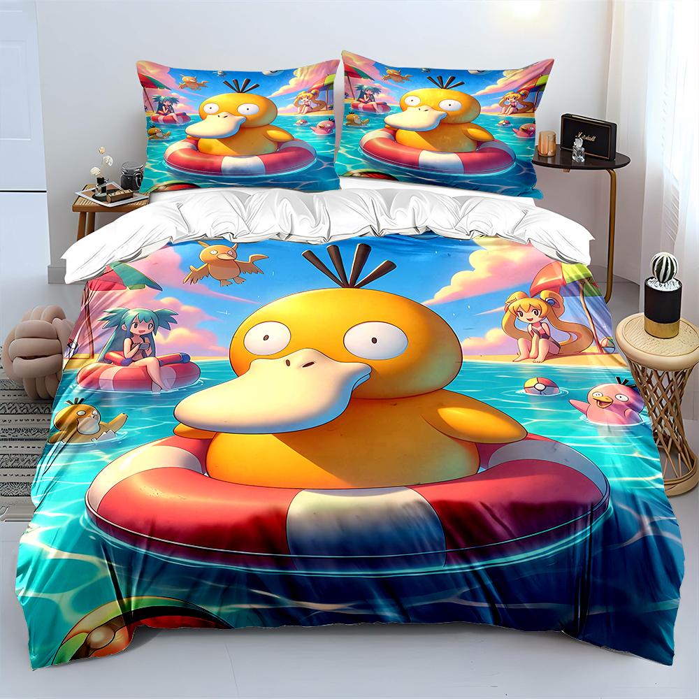 Modern Trendy Japanese Anime Pokemon Psyduck Printed 1 2 Pillowcases Adult and Children Luxury Quilt