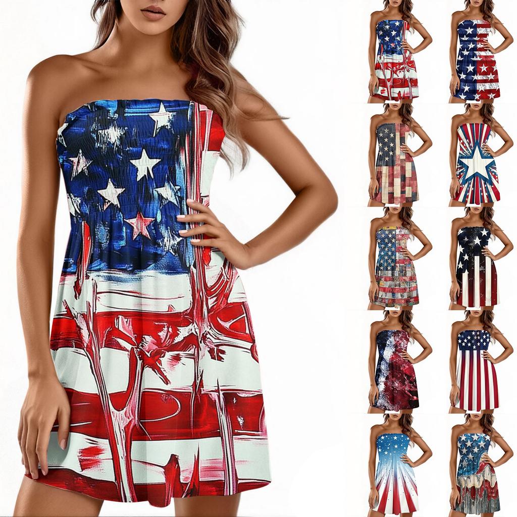 Women Summer Dress Casual Swing Independence Day Ruffle Short Sleeve Sundresses Beach  A-line  Dress  With Pockets