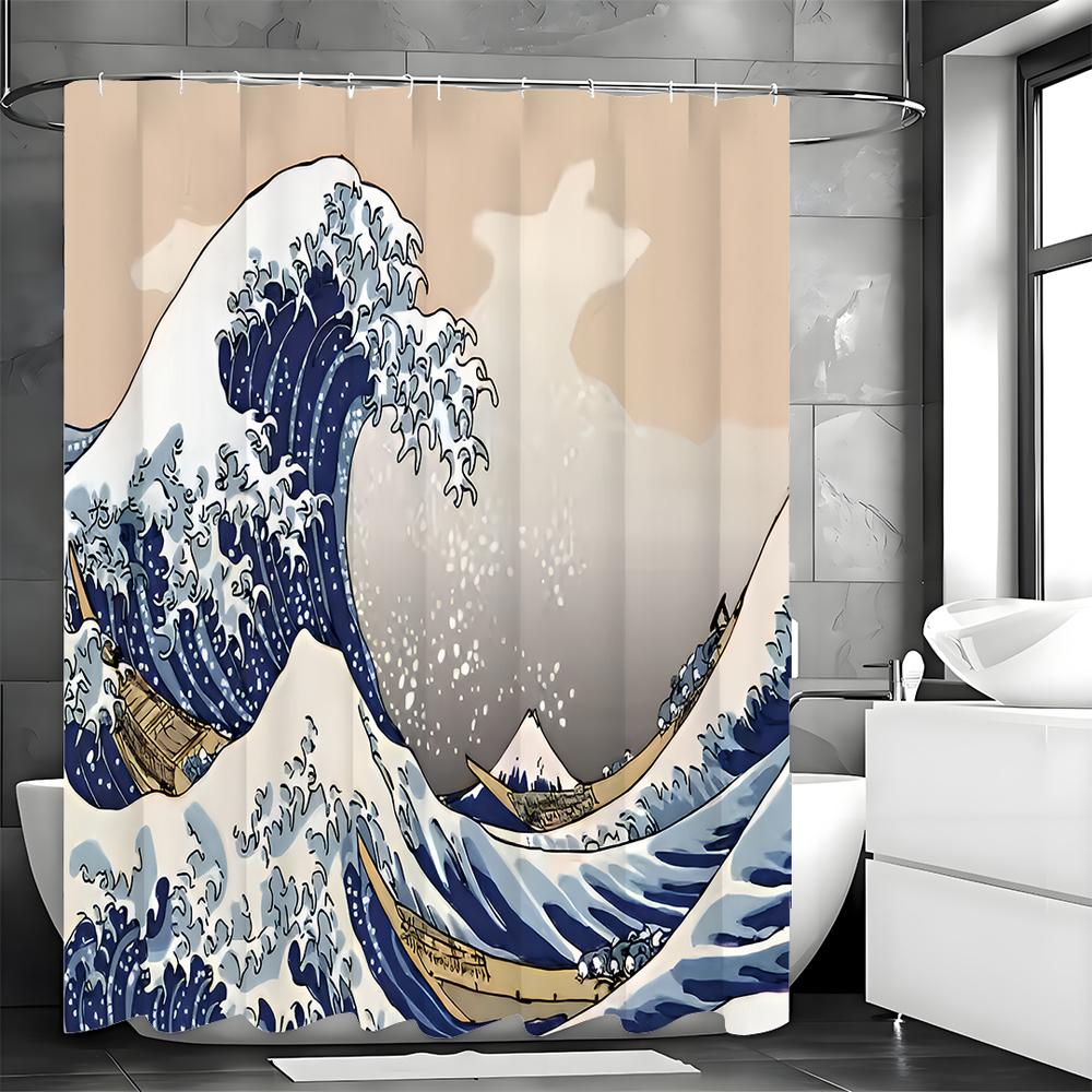 Ocean Wave Marine Shower Curtain, Bathroom Decorative Shower Curtain, Waterproof Shower Curtain with Hooks