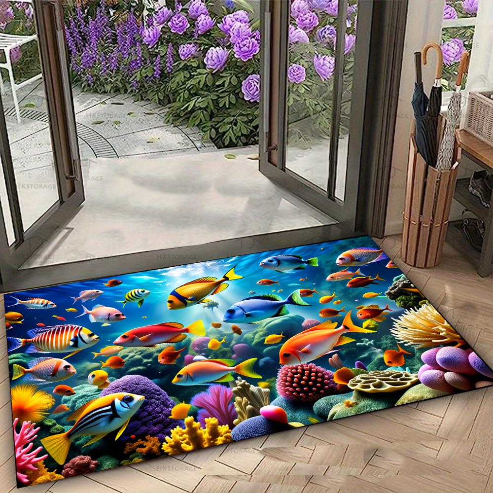 

3D Underwater World Rug Tropical Fish Entryway Doormat Living Room Rugs Non Slip Soft Easy Clean Durable Ocean Decor Carpet 40X60cm
