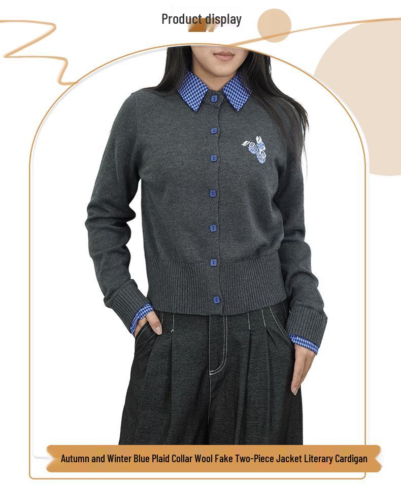 Nanyou Plaid Collar Knit Two-Piece Women's Slim-Fit Wool Blend Cardigan