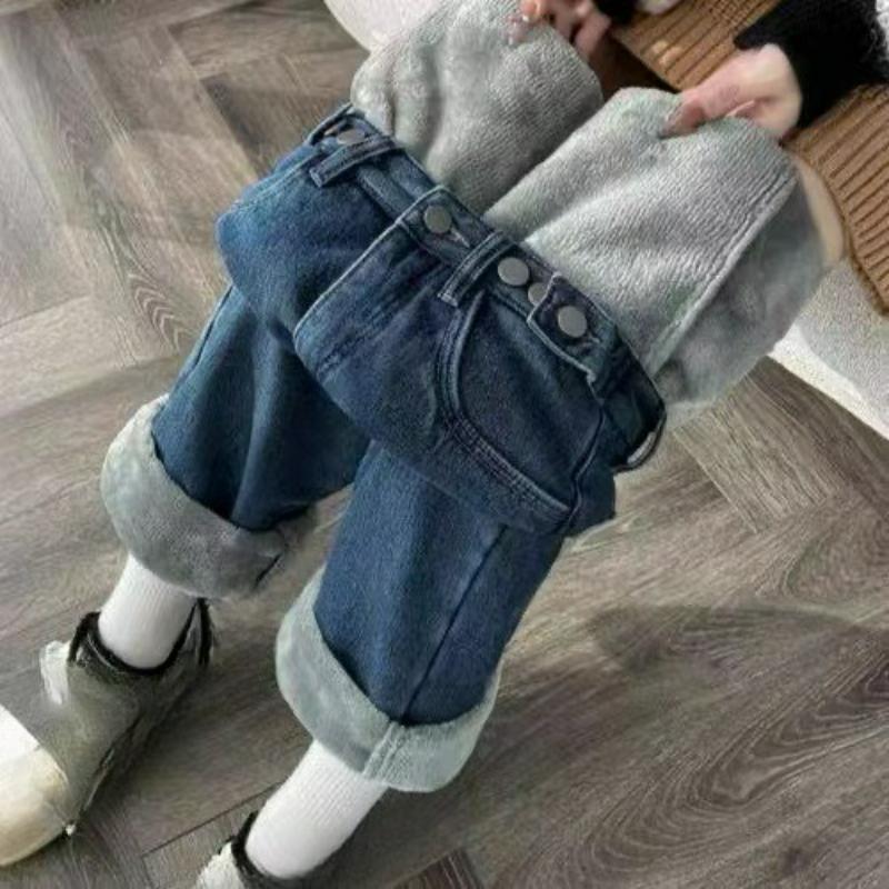 

Утепленные джинсы палаццо женские зимние с высокой посадкой свободные и стройнящие драпирующиеся теплые брюки прямого кроя плюс бархатные брюки XS синий