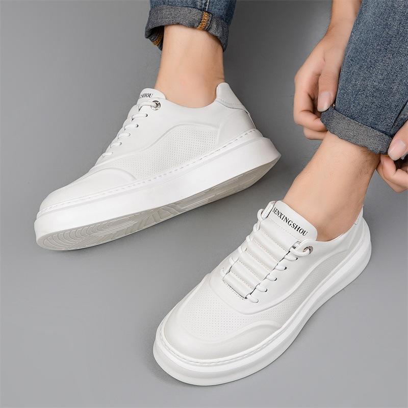 Designer Shoes for Men Genuine Leather Casual Platform Shoes White Thick-soled Flat Skateboard Shoes Cool Sneaker