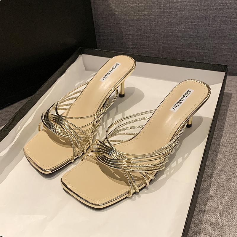 Foreign trade large size French square head cross thin strap high heel cool slippers femininity thin heel open toe Roman sandals outer wear