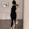 Retro Temperament Socialite Dress Female Sexy Black Waist Slim and Thin Neck Split Hip Skirt