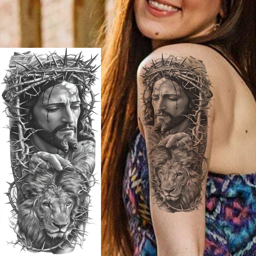 1 Sheet Jesus Pray With Cross Thorn Temporary Tattoos For Men Women Adults, Long Lasting Waterproof 3d Temp Fake Tattoo Sticker