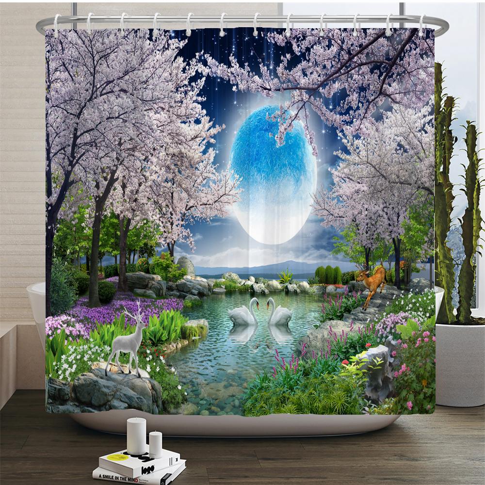 Flowers Scenery Waterproof Shower Curtains Rural Street Flowers Bathroom Curtains Polyester Fabric Washable Decor Bath Curtains