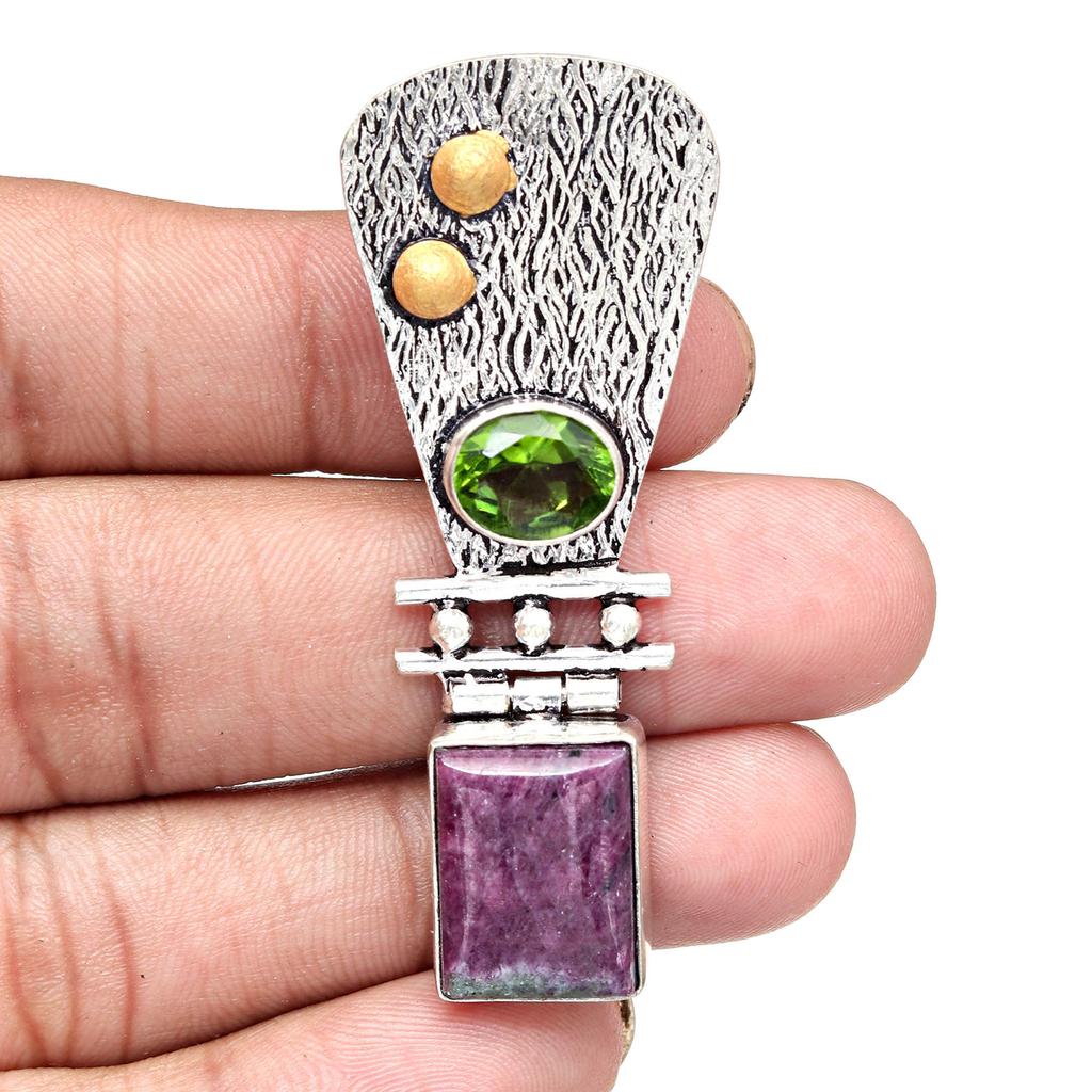 Ruby Zoisite Peridot Gemstone Mother's Day Silver Jewelry Pendant  2.25"