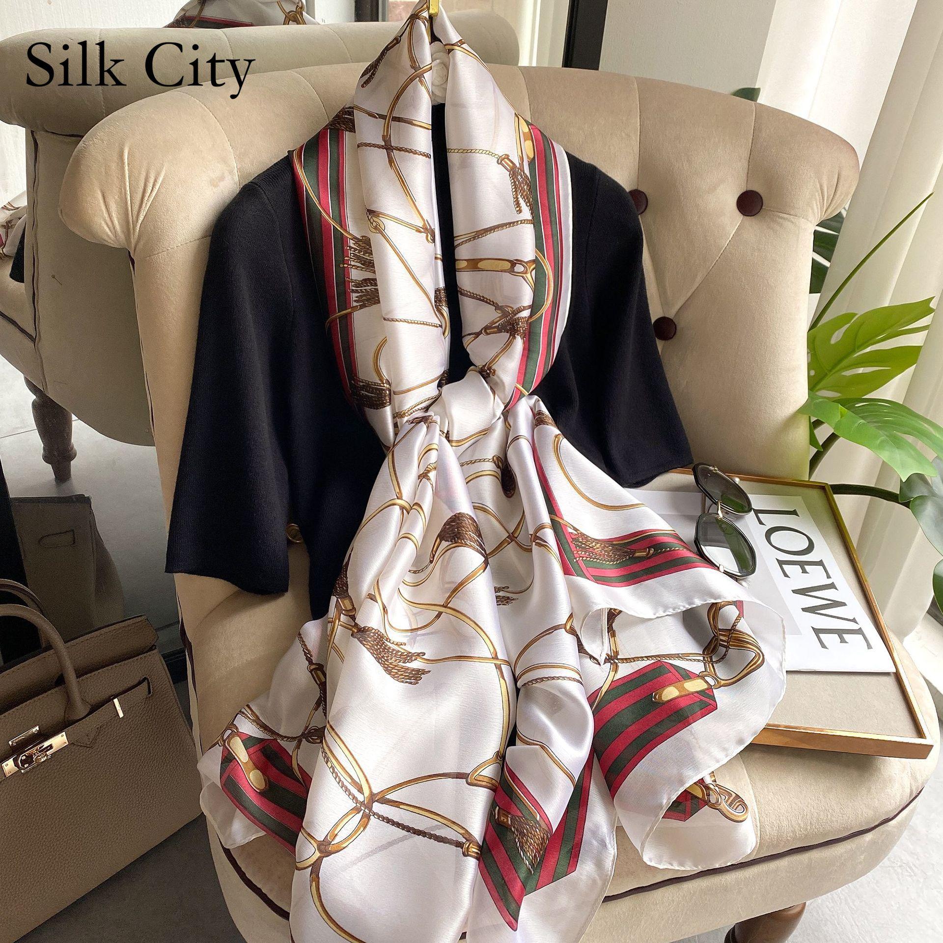 

Высококачественные роскошные шелковые шарфы, повязка на голову, шарфы, шейный шарф для женщин, цепочка, шелковый шарф, женская декоративная шаль