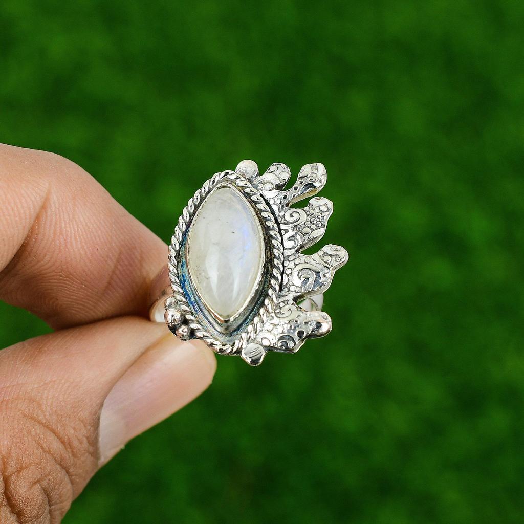 Gift For Women Statement Adjustable Ring 925 Silver Natural Rainbow Moonstone