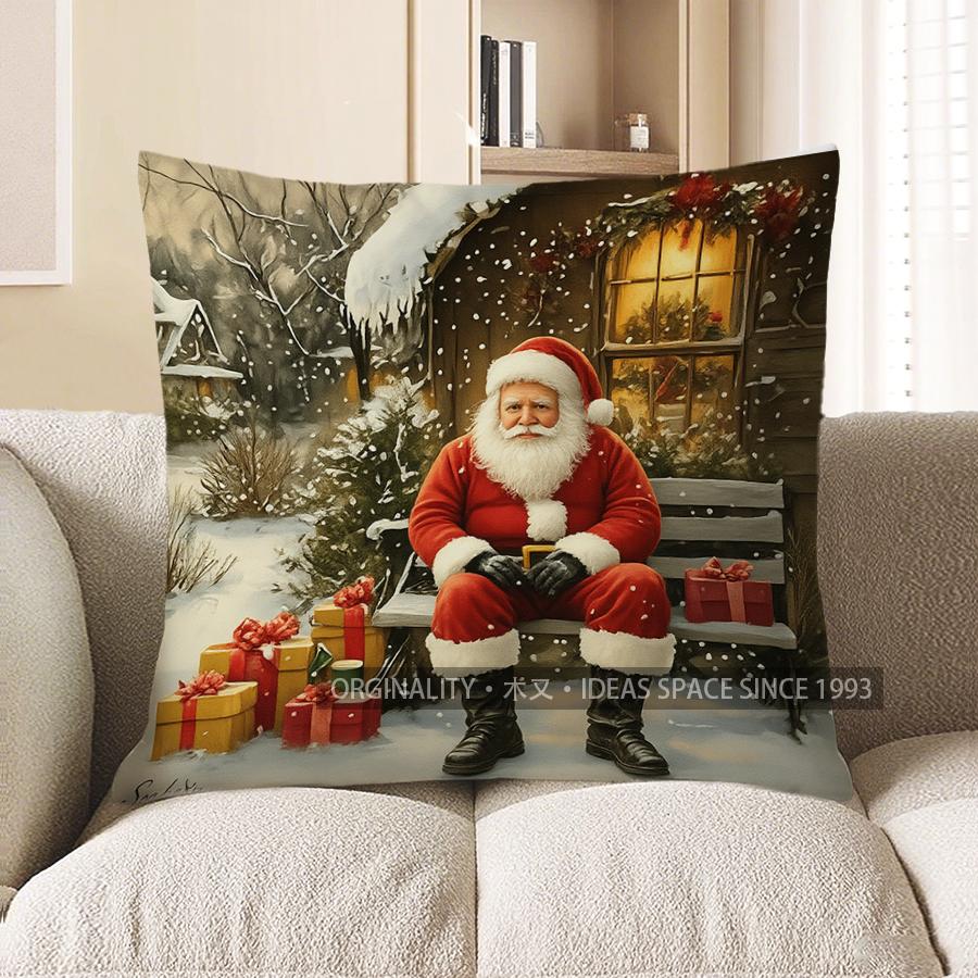 Home Decor Christmas Cottage And Snowman Throw Pillow Pattern Cushion Cover Suitable For Sofa Bedroom Car Pillow Cover