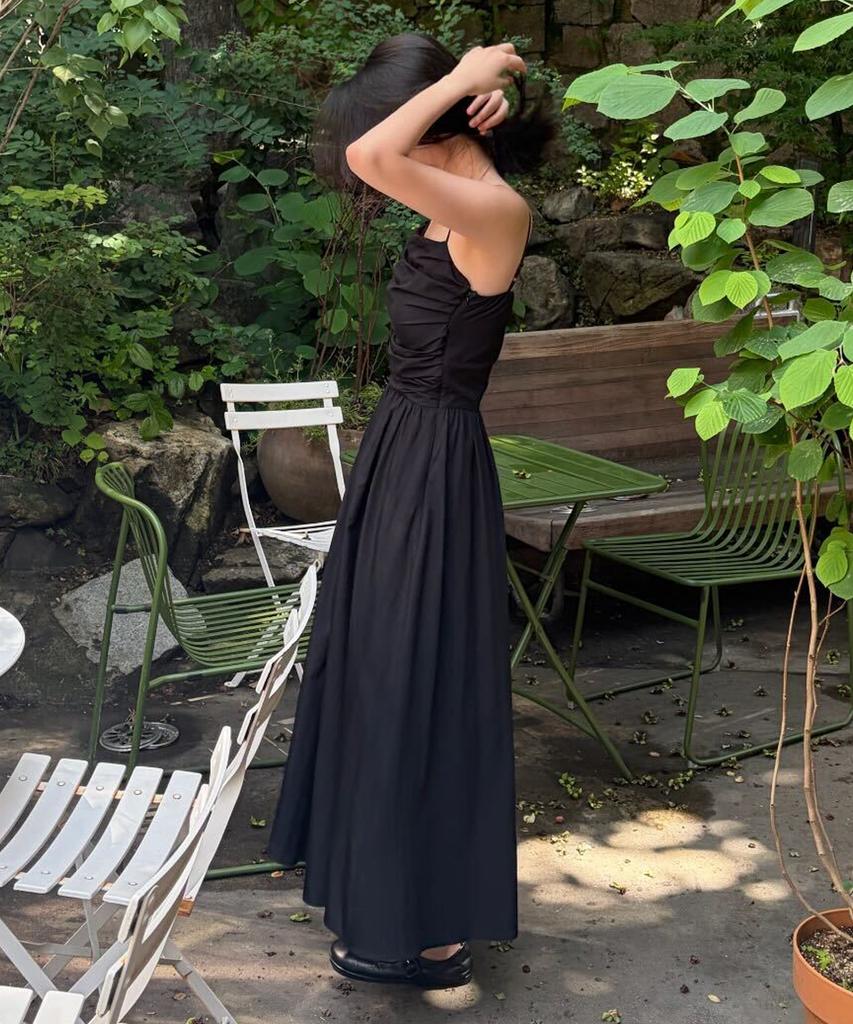 Tudument Shirring Sleeveless Long Dress_Black