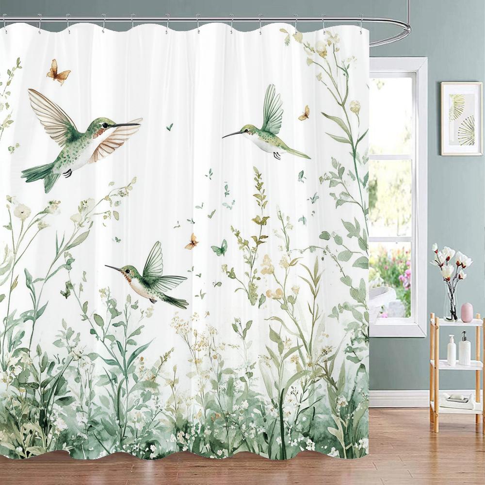 Spring Flowers and Plants Birds Shower Curtain, Bathroom Decorative Shower Curtain, Waterproof Shower Curtain with Hooks