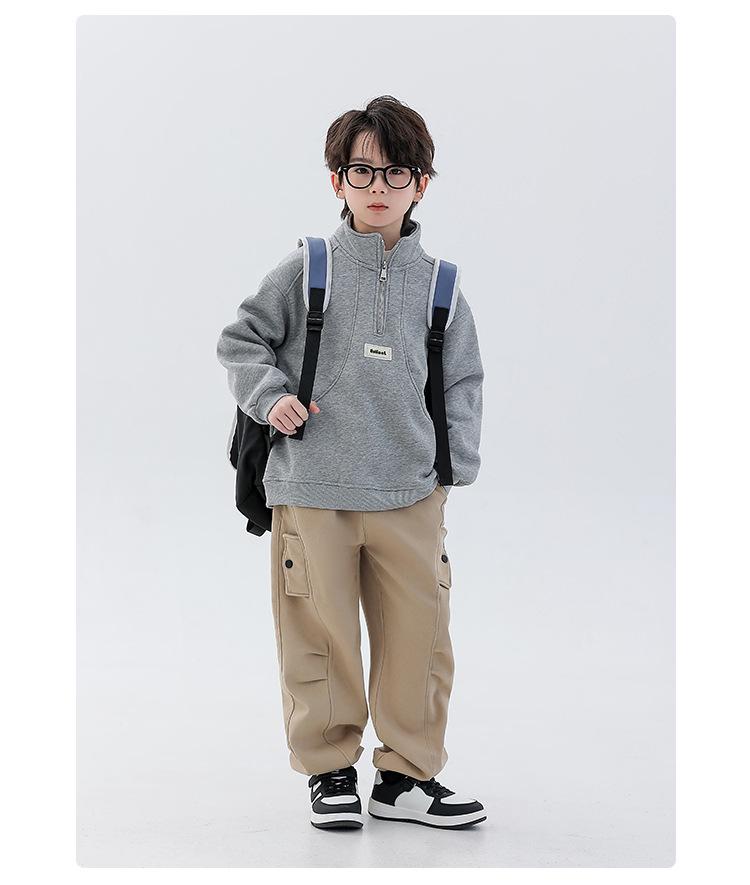 Boys' Fleece-Lined Half-Zip Sweatshirt: Trendy, Warm, Long-Sleeved Top for Autumn/Winter 2025