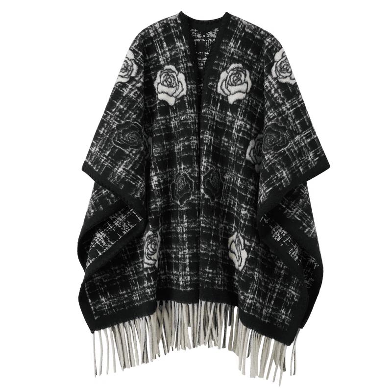 Elegant Camellia Plaid Tassel Wrap Shawl One Size