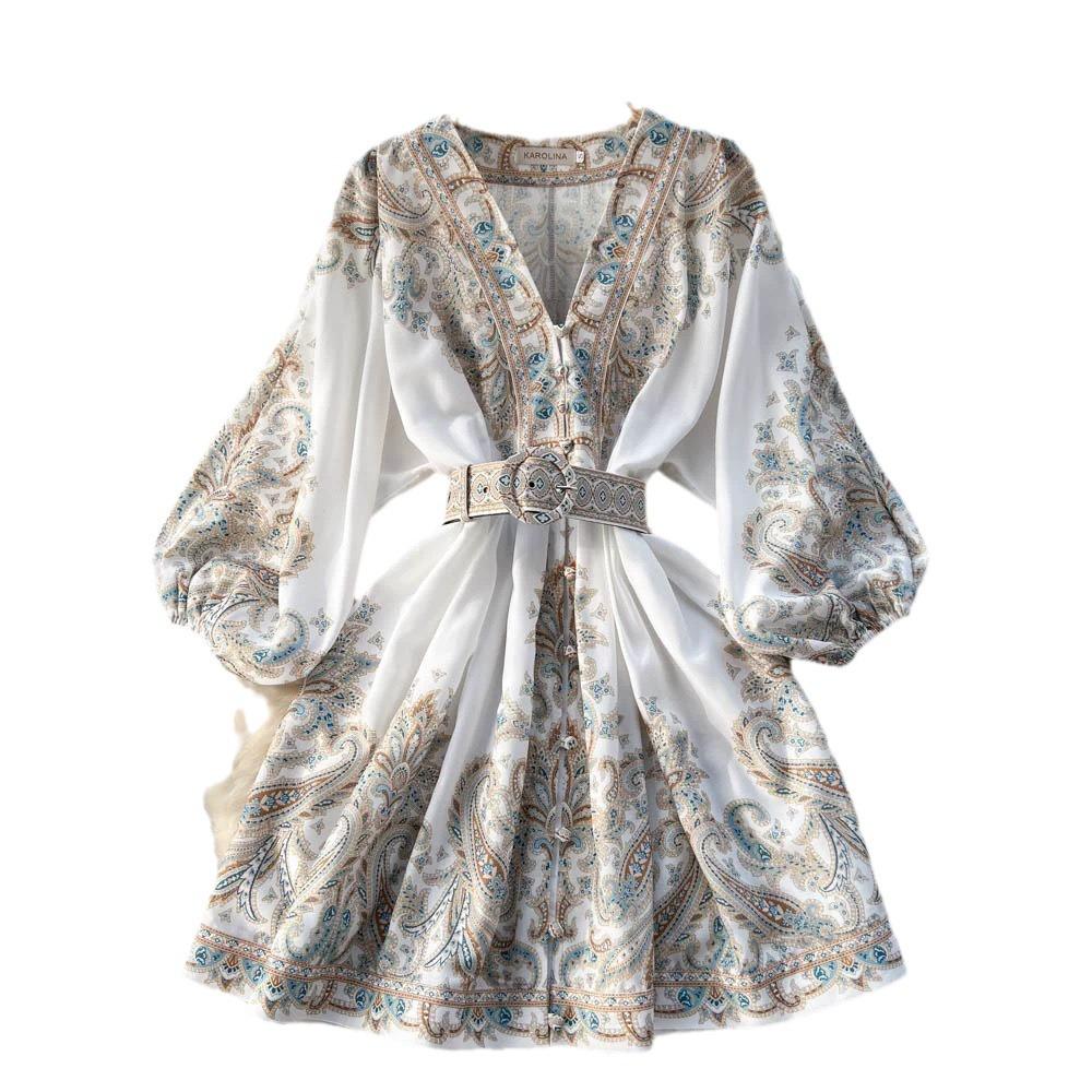 Rochie de primăvară retro franceză cu decolteu în V și mâneci tip felinar pentru figuri minione