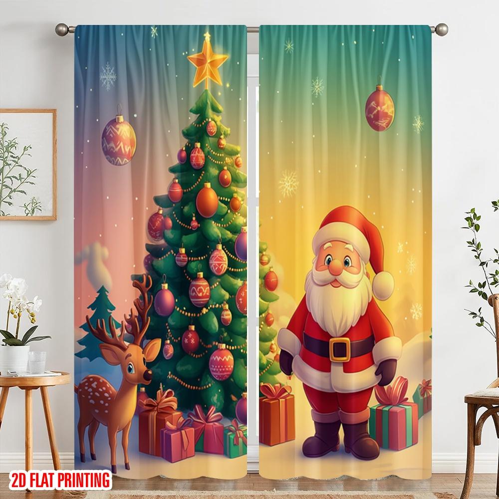 Set Of 2 Plane Printing Popular Curtains Cute Santa Christmas Tree Gifts Durable Polyester Fabric Without Rod Curtain Made