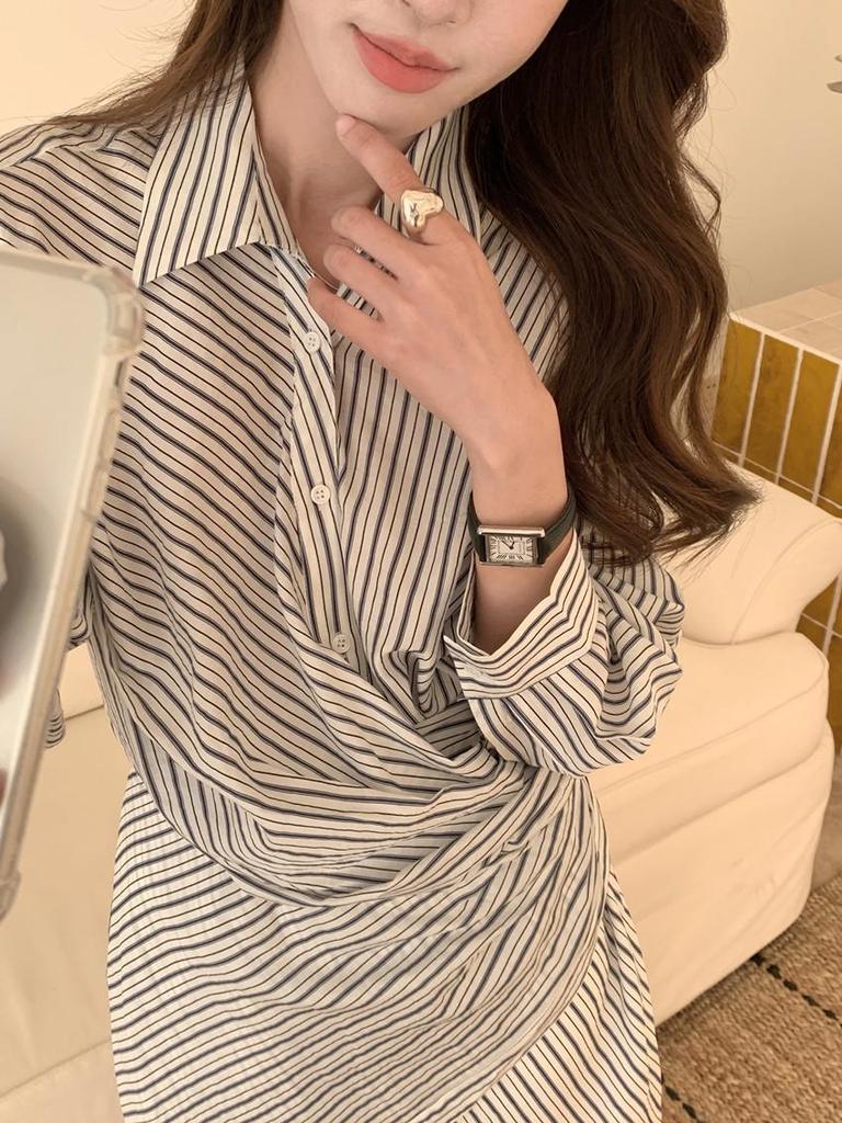 Chic Color-Block Striped Short Dress with Irregular Strap and Waist-Cinching Design