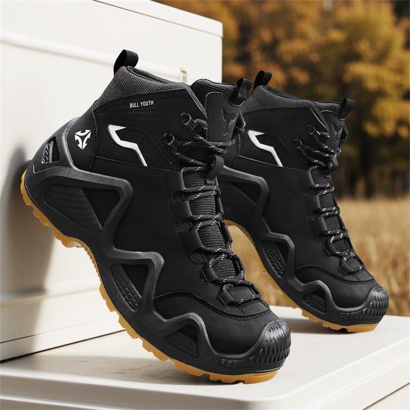 

Мужские уличные походные ботинки Кожаные мужские ботильоны Зимняя обувь Нескользящие Высокие мужские рабочие ботинки Дышащие кроссовки для ходьбы 41 чёрный