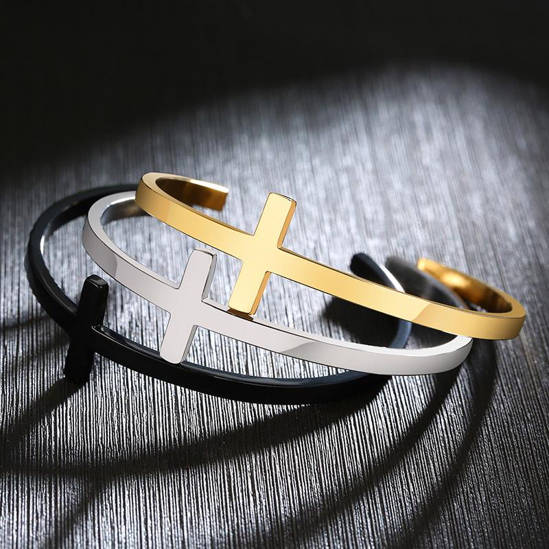 Vnox Stylish Cross Bangle for Women Men, Glossy Stainless Steel Cuff Bracelet, Unisex Religious Faith Jewelry