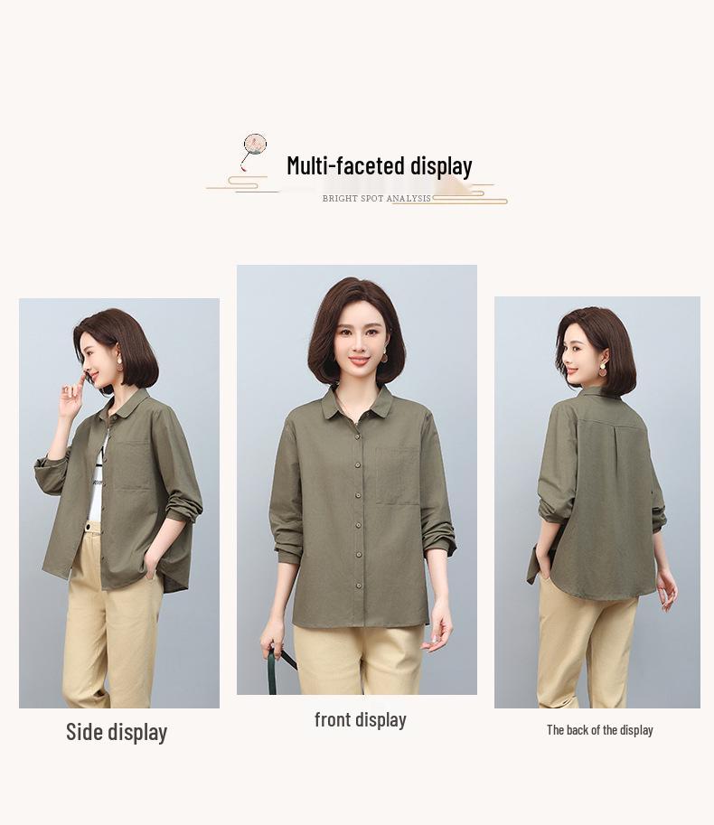 Plus Size Cotton Linen Long Sleeve Shirt for Middle-Aged Women - 2024 Spring & Autumn Fashion Mother's Top