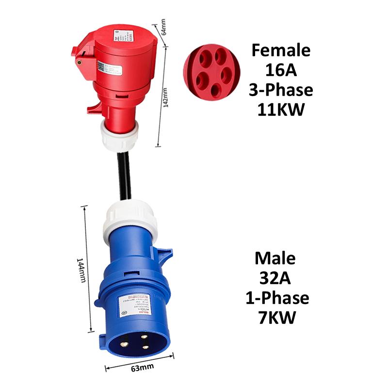 Electric Vehicle Charging Adapter Male 32A Blue 1-Phase 7KW CEE Plug To Femal 16A/32A Red 3-Phase / Blue 16A 1-phase Socket