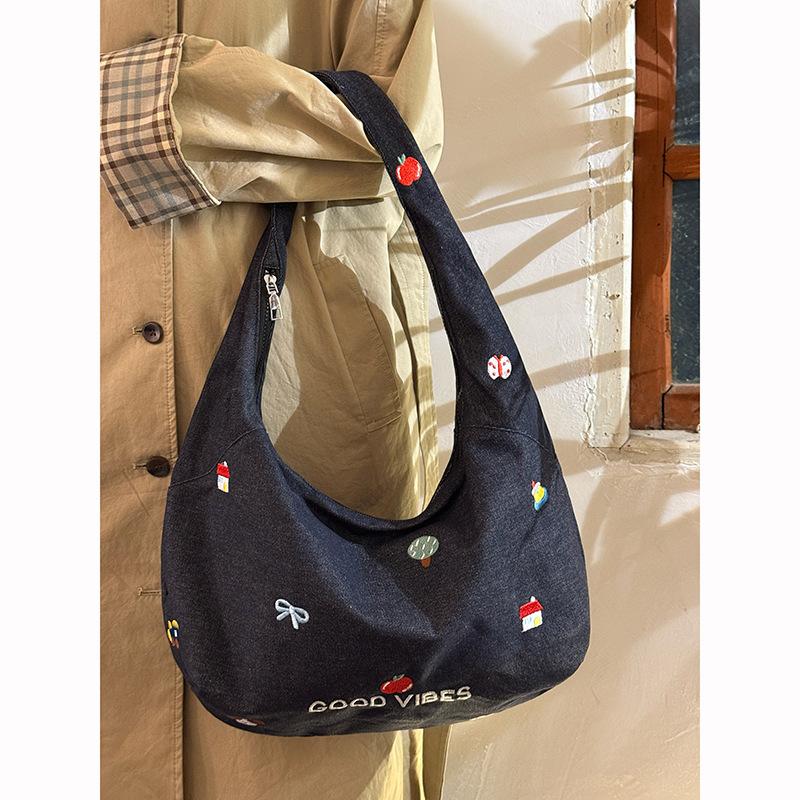Embroidered Fabric Crossbody Bag Casual All-in-one Shoulder Bag Women's Commute Tote Bag