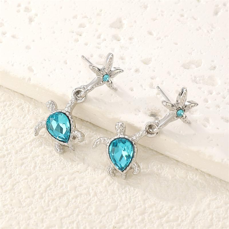 Delicate Blue Crystal Starfish Turtle Earrings for Women Summer Holiday Metal Shell Sea Star Earring Jewelry Girl Gift