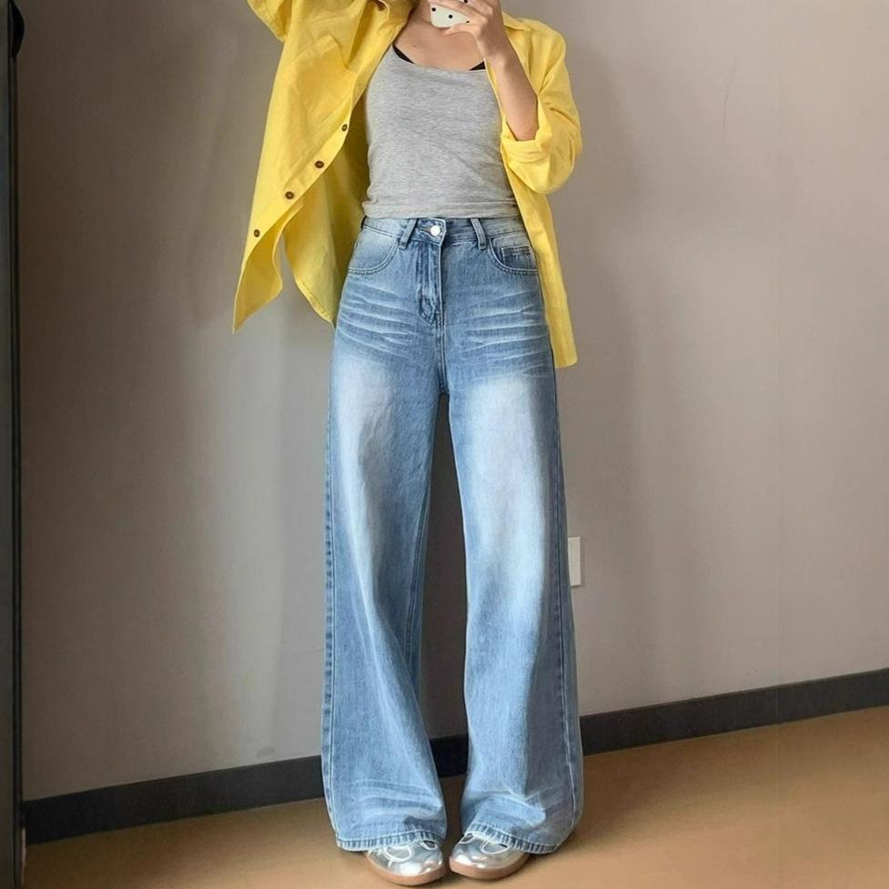 Fashionable Comfortable Vintage Blue Wide Leg Jeans Women High Waist Loose Cover Meat Thin Straight Trousers Jeans for Women Long Denim Pants