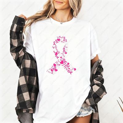 Womens Breast Cancer Ribbon TShirt Summer Round Neck Short Sleeve Awareness Survivor Shirt Creative Design Top