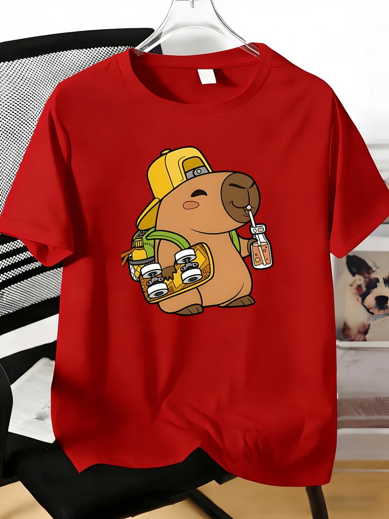 Unisexs Tee Cute Capybara Skateboard Drink Cartoon Print Cotton Short Sleeve Male Casual Streetwear Outdoor Daily Basic Fashion Top