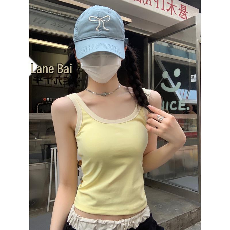 Summer Korean Slim-fit Square Neck Color-Contrast Vest with Chest Pads for Women
