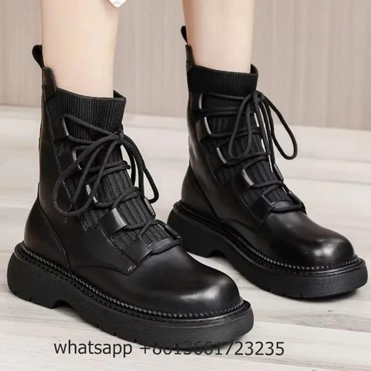 Fashion Black Leather Cross Lace Up Boots Women Fashion Round Toe Platform Flat Heel Ankle Boots Stretch Cloth INS Real Leather Shoes