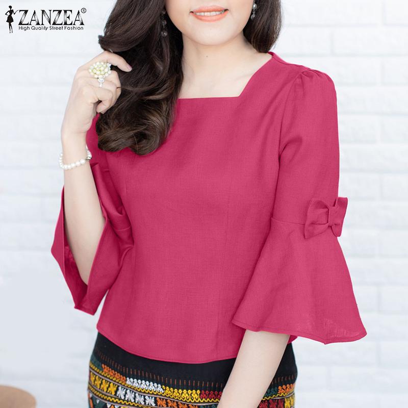 ZANZEA Women Casual Sqaure Collar Loose 3/4 Sleeve Cotton Blouse