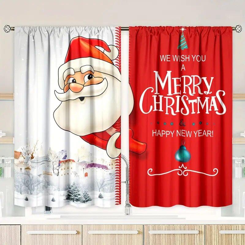 Christmas Curtains Santa Claus Printed Home Decoration Room Set Of 2 Made Polyester