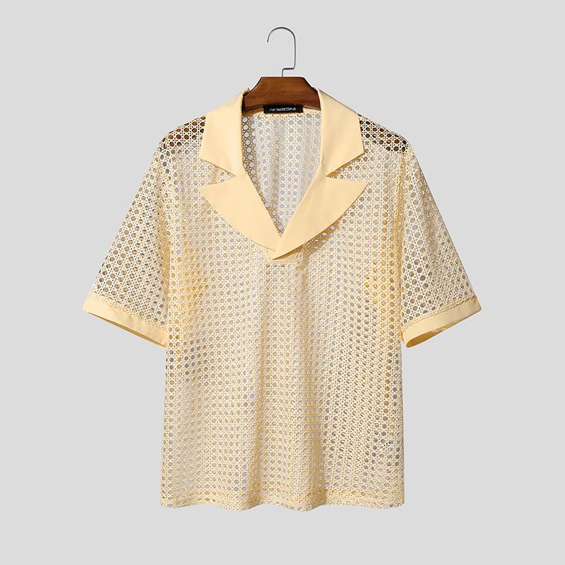 INCERUN Sommer Herren Revers V-Ausschnitt Kurzarm Durchsichtig Ausgeschnitten T-Shirts Oberteile S apricot