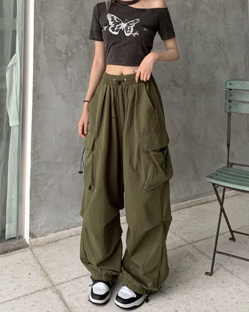 MTUIOY Cargo Casual and Solid Loose Plus Women's Wide-Leg Pants, Stylish, Lightweight, Color, Fit, Sizes, 4-Green-L