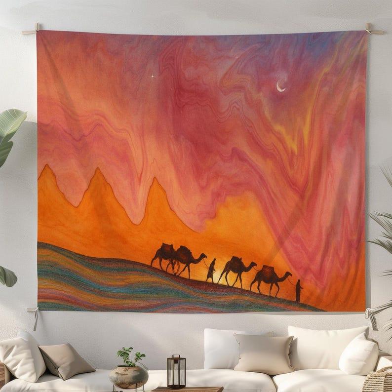 Camel caravans in the desert tapestry 75x100 чёрный