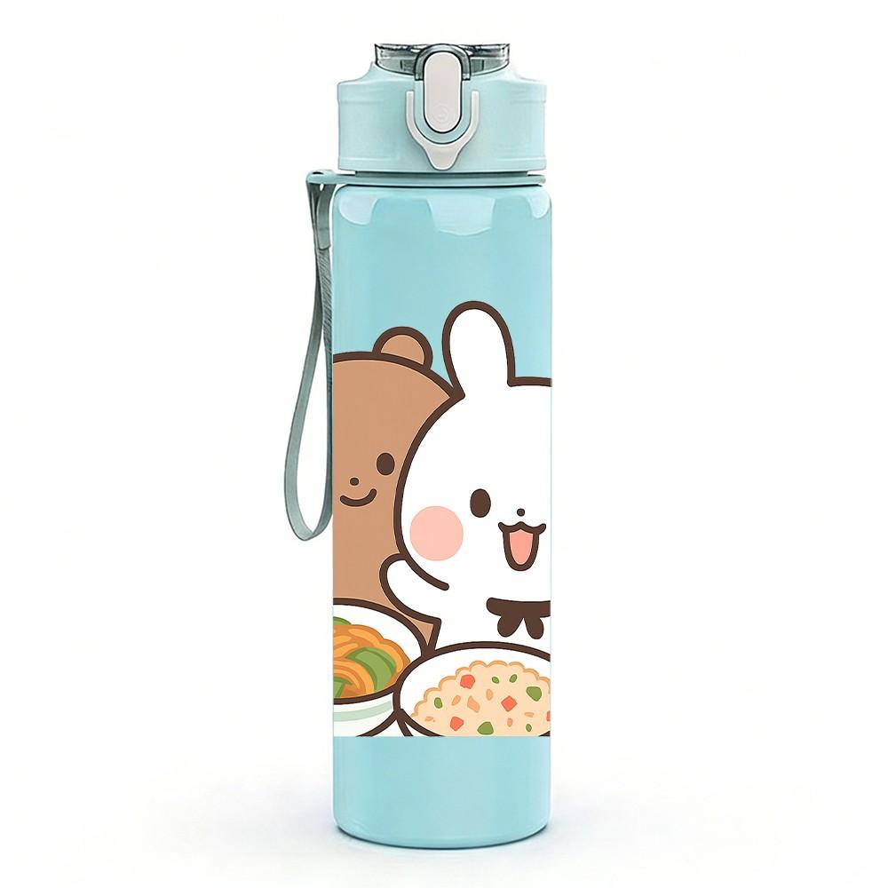 1PC Bear Bunny Food Cartoon Print 750ml Color Plastic Sports Water Bottle Leakproof Flip Straw Lid Suitable for Sports Office Home Use