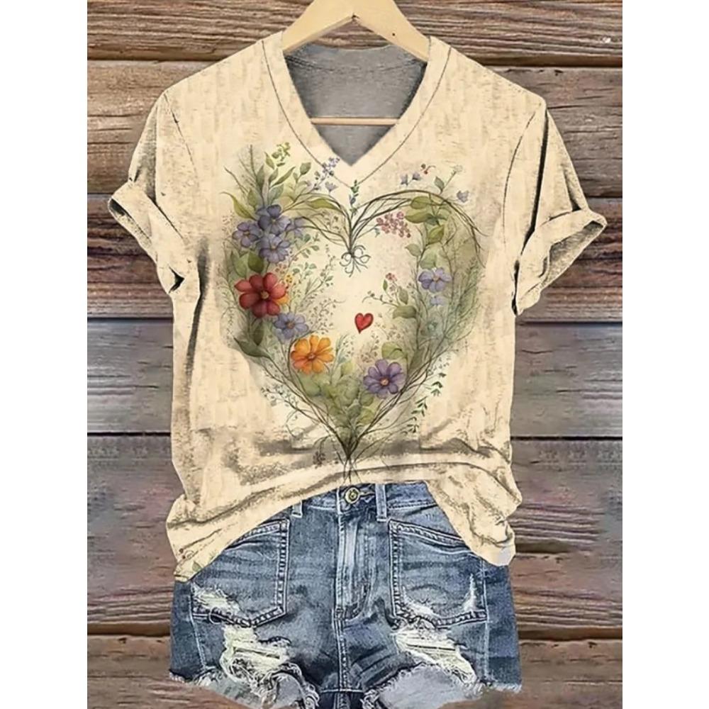 Damen Sommer T-Shirt Blumenmuster Druck Kurzarm T-Shirts Lässige Bedruckte Tops