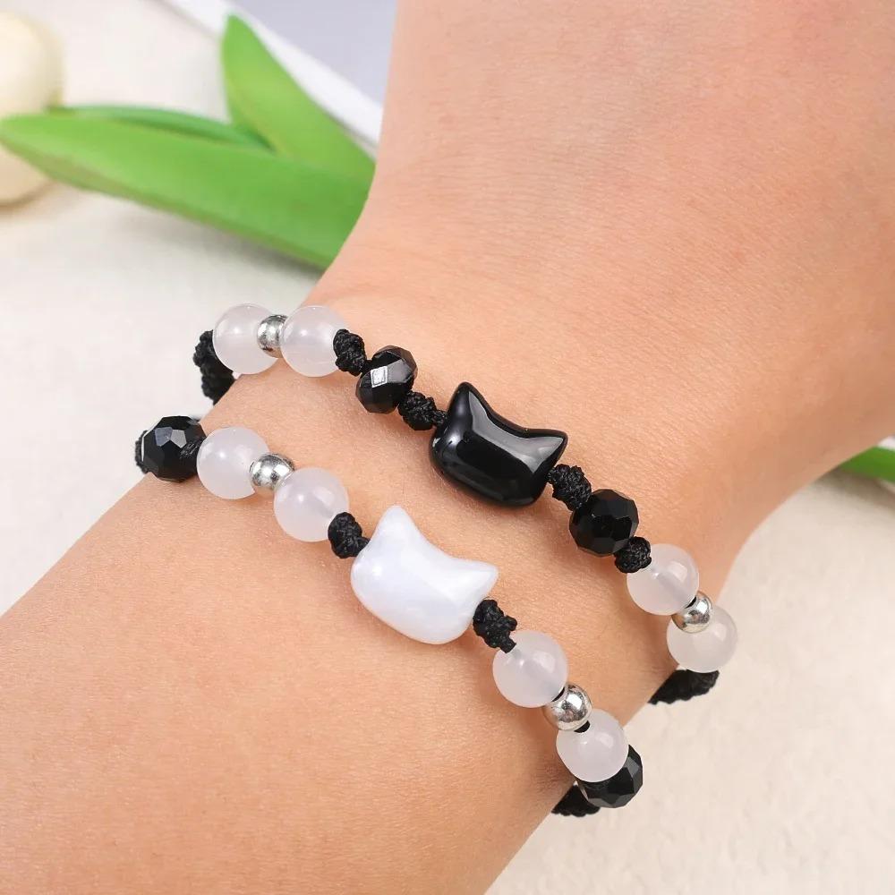 Real Natural Moonstone Obsidian Bracelets Couple Minimalist Bracelet Handmade Cute Black White Cat Bracelet Party Jewelry Gifts